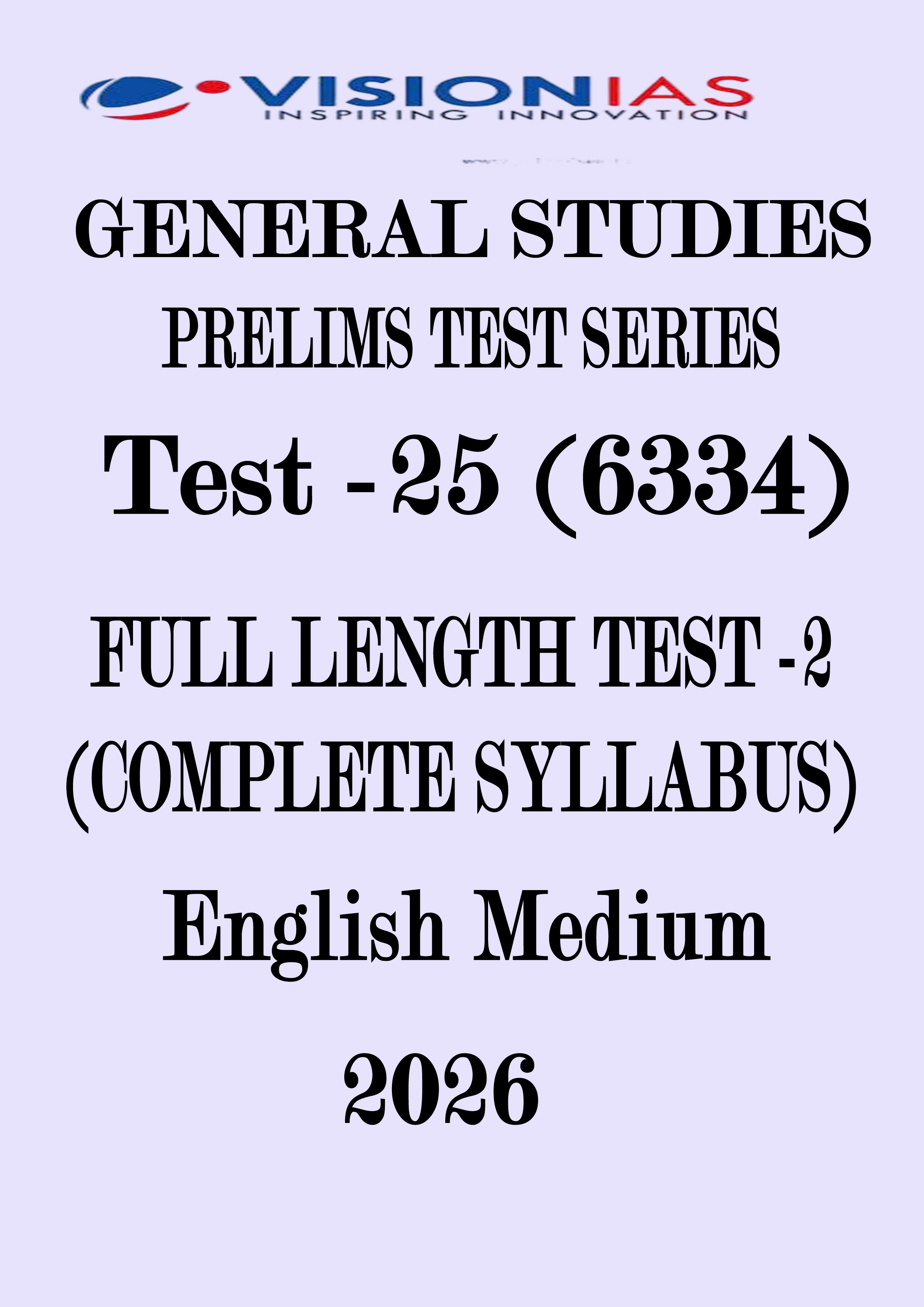 Vision IAS Prelims 2026 Test 25 Full Lenght Test - 2  With Solution PDF [Prelims 2026 Test Series ] English Medium